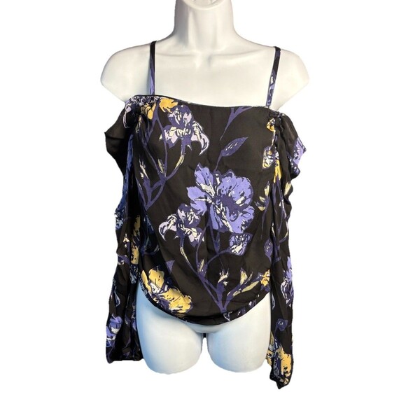 Ramy Brook Cori Floral Print Cold Shoulder Silk Top Women’s Small Black Purple - Picture 4 of 10